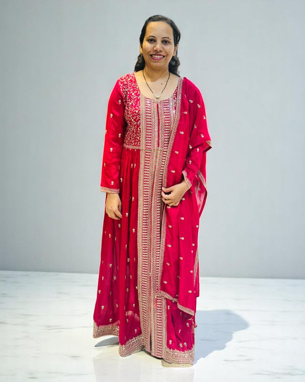 Wine Ziva Vichitra silk Anarkali Suit set