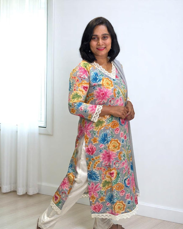 Grey Vija Flex cotton suit set