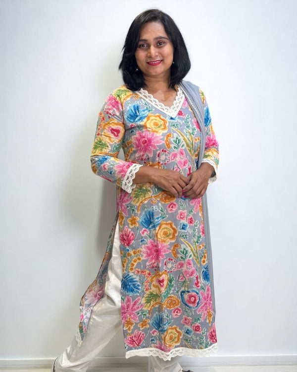 Grey Vija Flex cotton suit set