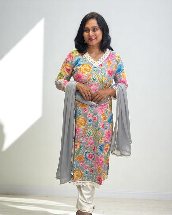 Grey Vija Flex cotton suit set