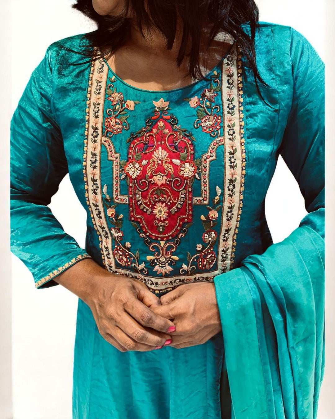 Peacock Blue Shika Glass Tissue Anarkali suit set