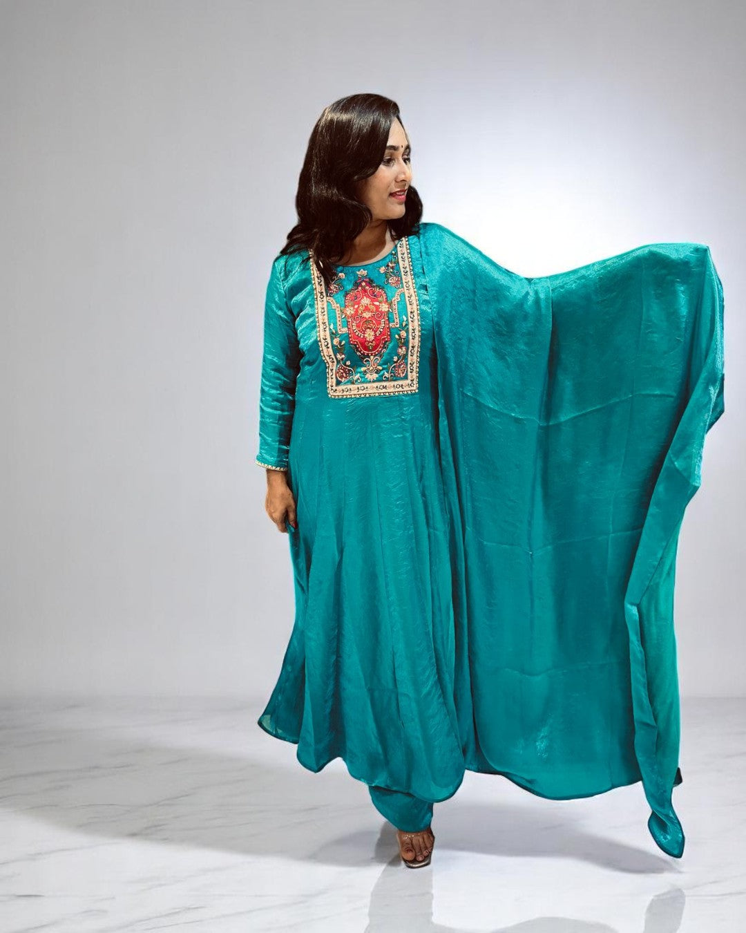 Peacock Blue Shika Glass Tissue Anarkali suit set