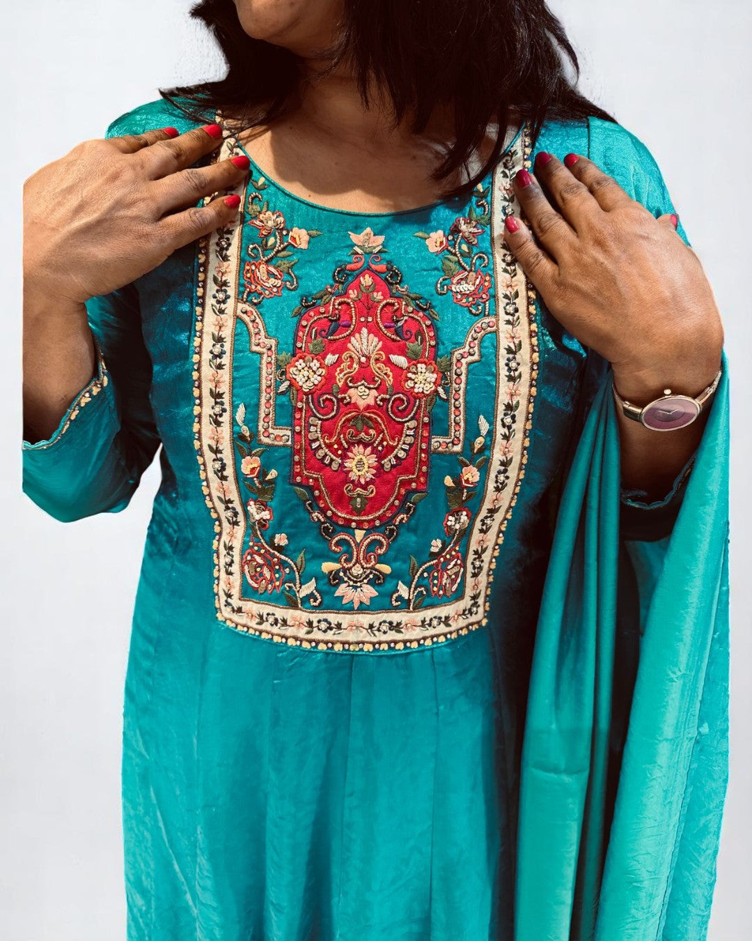 Peacock Blue Shika Glass Tissue Anarkali suit set