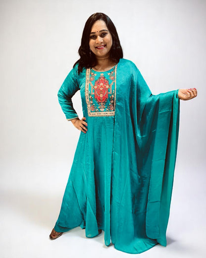 Peacock Blue Shika Glass Tissue Anarkali suit set