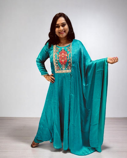 Peacock Blue Shika Glass Tissue Anarkali suit set