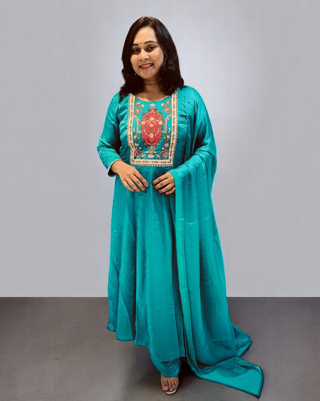 Peacock Blue Shika Glass Tissue Anarkali suit set