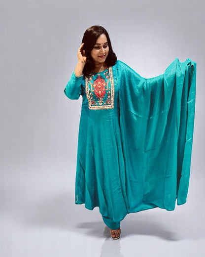 Peacock Blue Shika Glass Tissue Anarkali suit set
