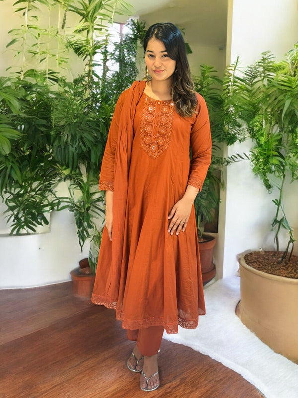 Rust Vinni Mul chanderi Anarkali Suit