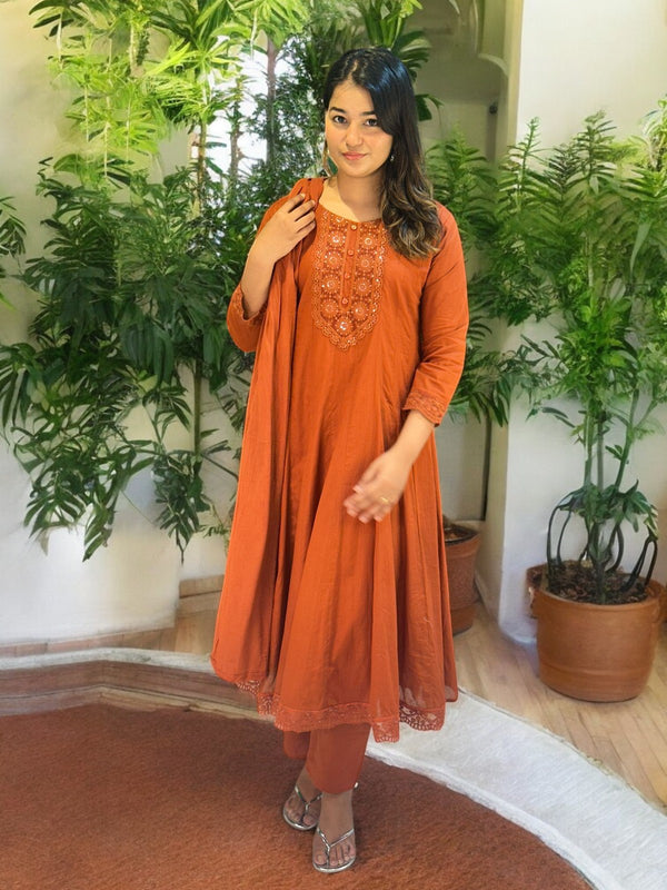 Rust Vinni Mul chanderi Anarkali Suit