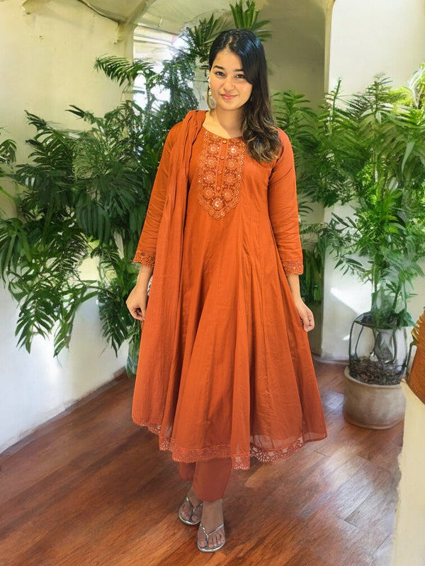 Rust Vinni Mul chanderi Anarkali Suit