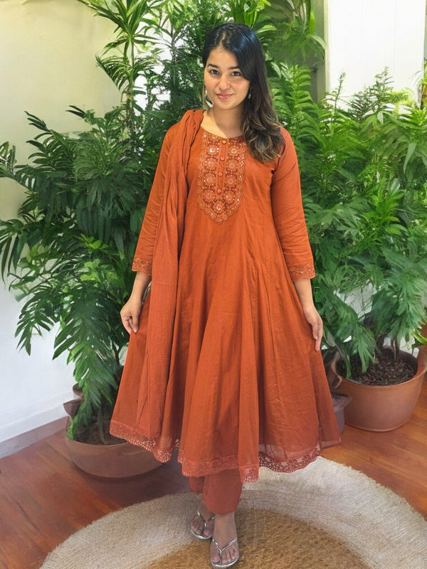 Rust Vinni Mul chanderi Anarkali Suit