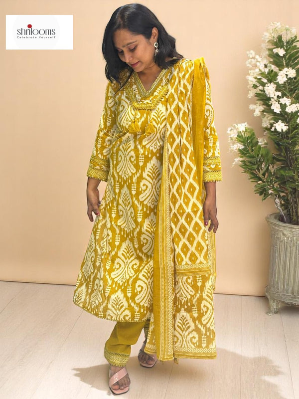 Mustard Prisha Ikkat print cotton suit set