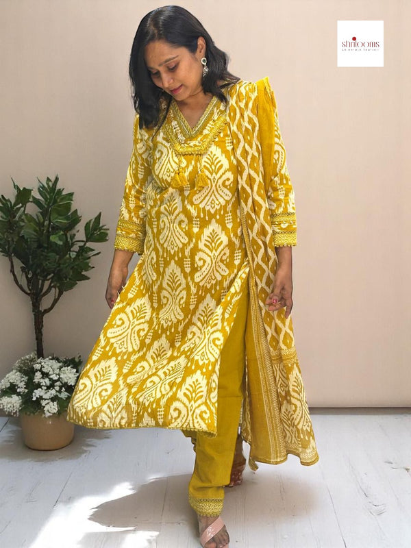 Mustard Prisha Ikkat print cotton suit set