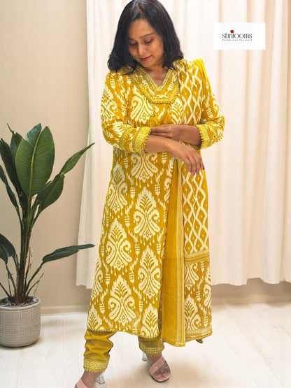 Mustard Prisha Ikkat print cotton suit set