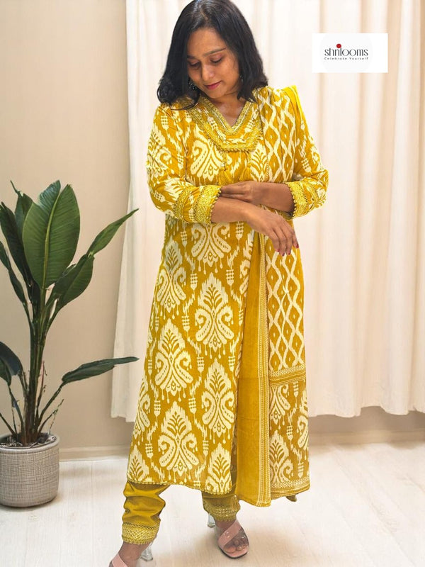 Mustard Prisha Ikkat print cotton suit set