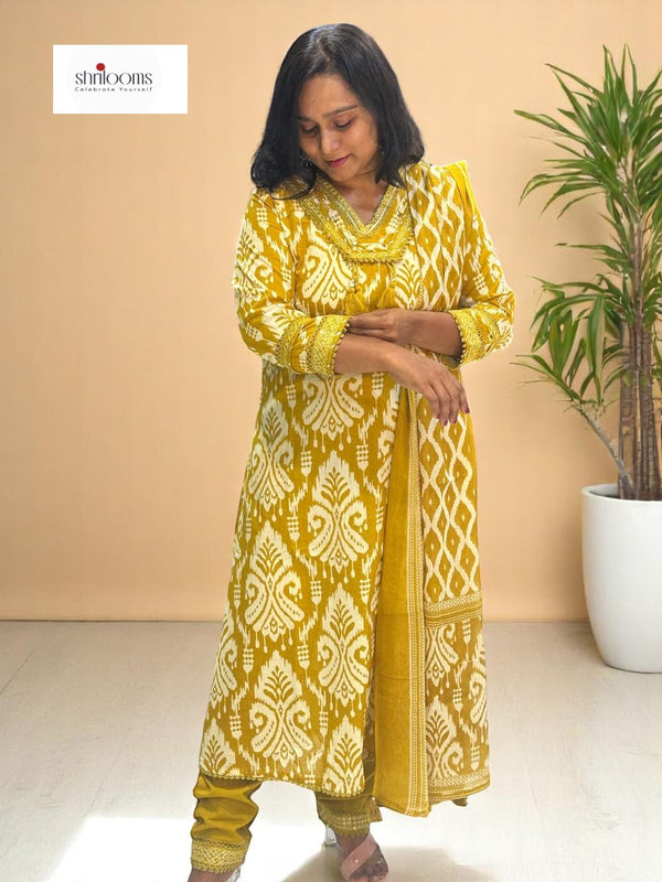 Mustard Prisha Ikkat print cotton suit set