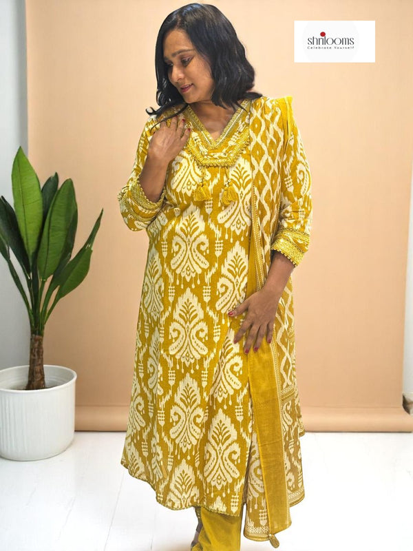 Mustard Prisha Ikkat print cotton suit set