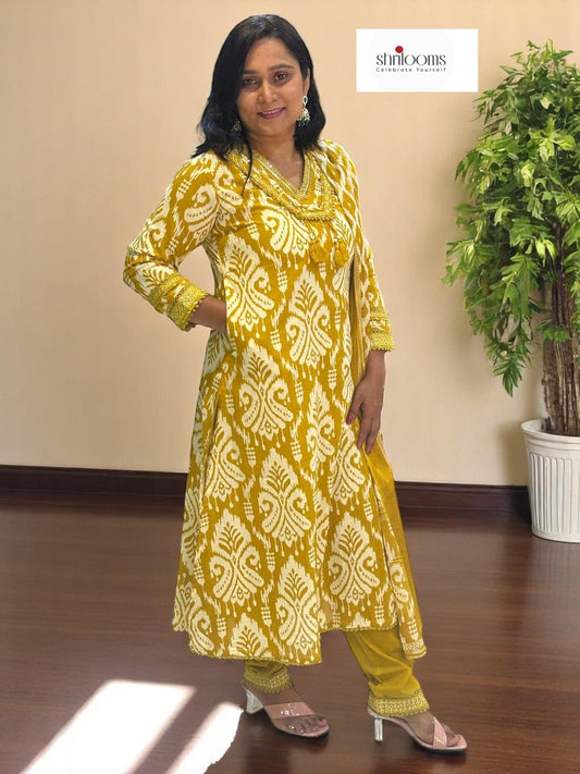 Mustard Prisha Ikkat print cotton suit set