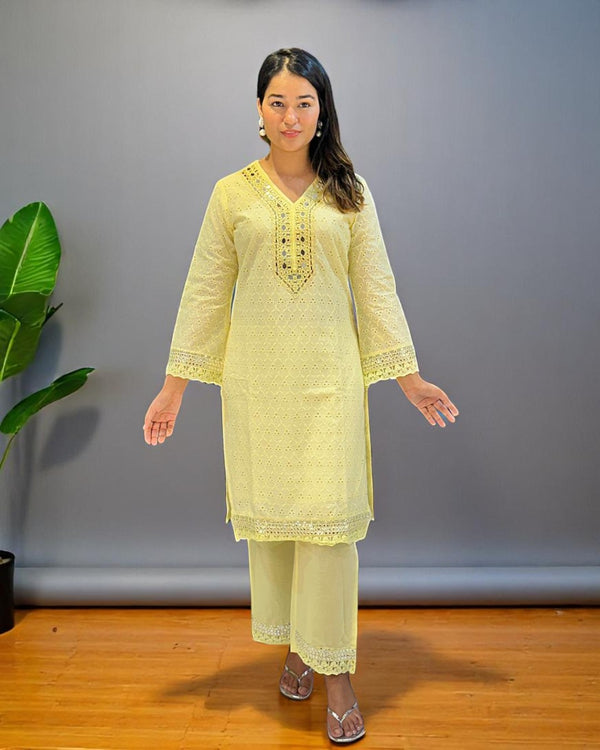 Yellow Dolly Schiffli Mirror Kurta set