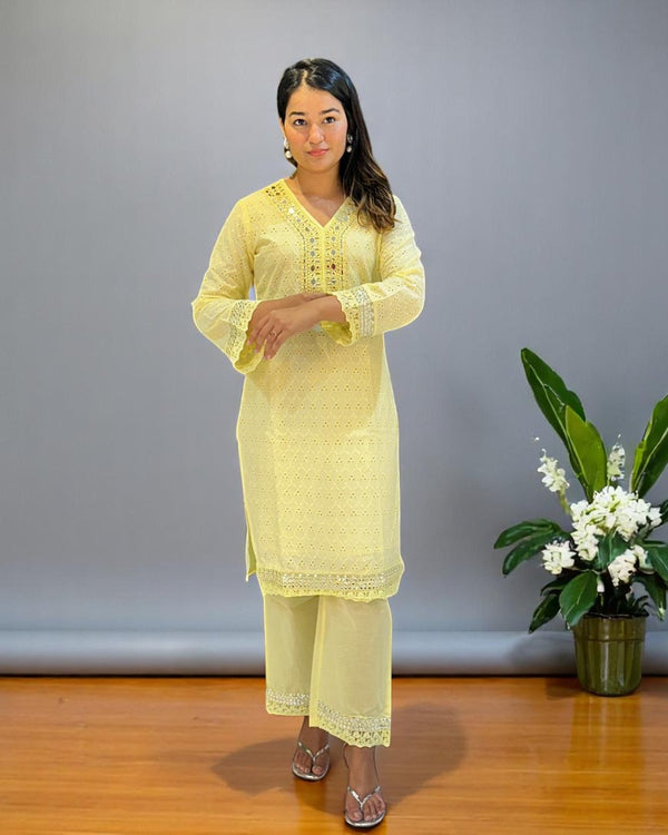 Yellow Dolly Schiffli Mirror Kurta set