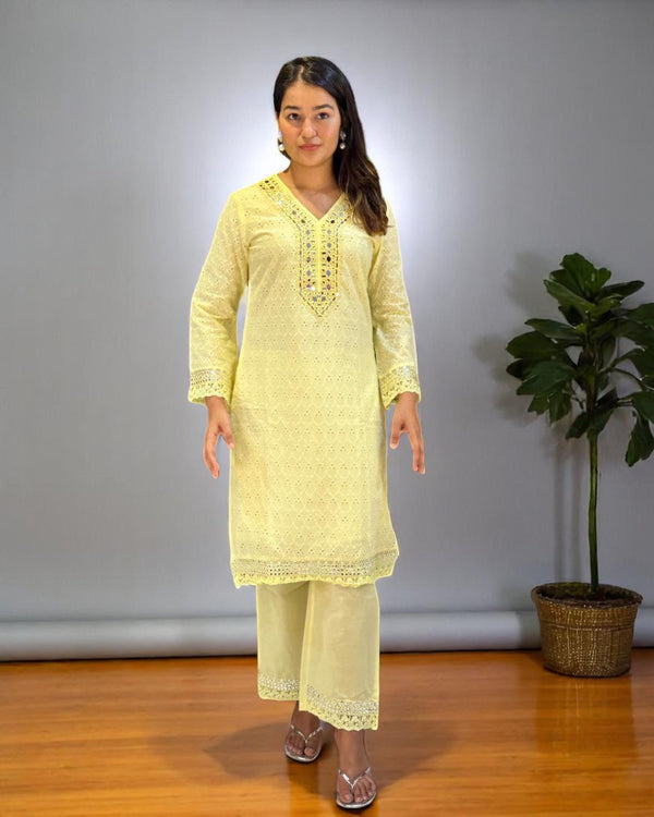 Yellow Dolly Schiffli Mirror Kurta set