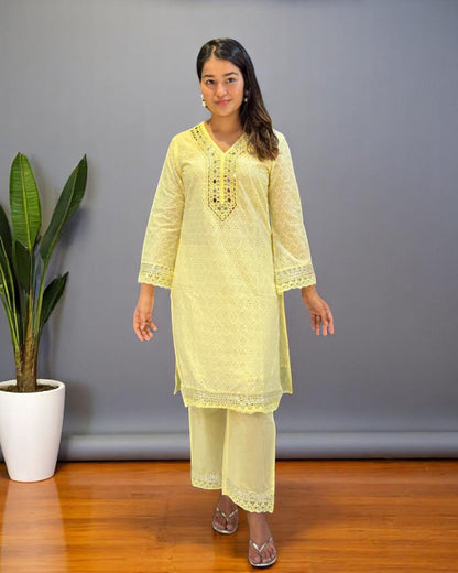 Yellow Dolly Schiffli Mirror Kurta set