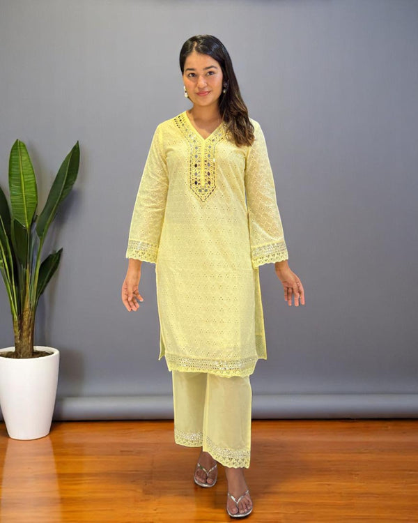 Yellow Dolly Schiffli Mirror Kurta set