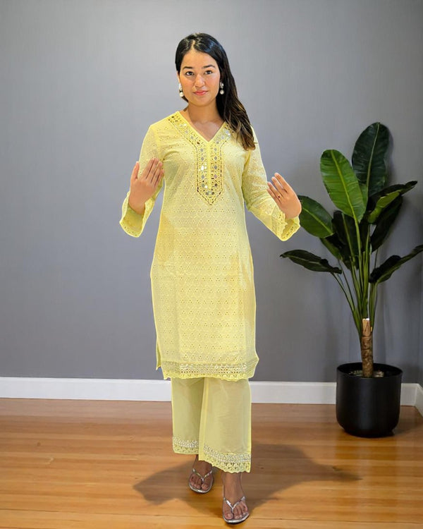 Yellow Dolly Schiffli Mirror Kurta set