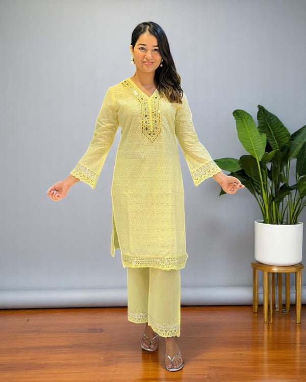Yellow Dolly Schiffli Mirror Kurta set