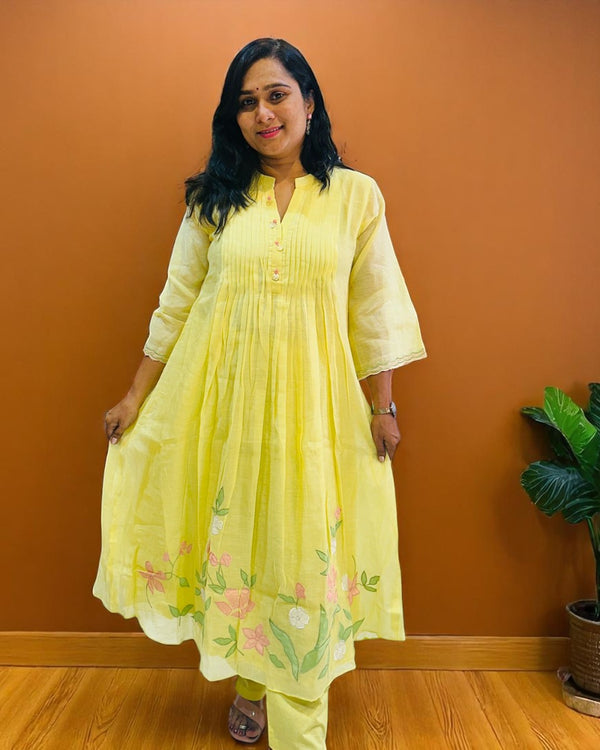 Yellow Lavisha Mul Chanderi A line Kurta set