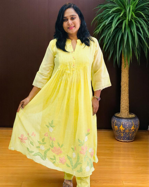 Yellow Lavisha Mul Chanderi A line Kurta set