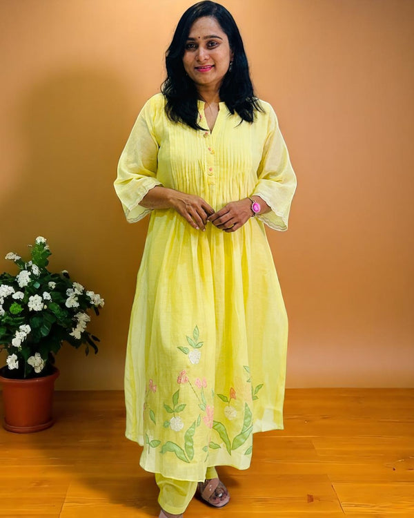 Yellow Lavisha Mul Chanderi A line Kurta set