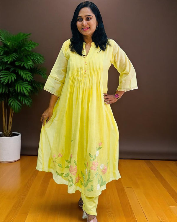 Yellow Lavisha Mul Chanderi A line Kurta set