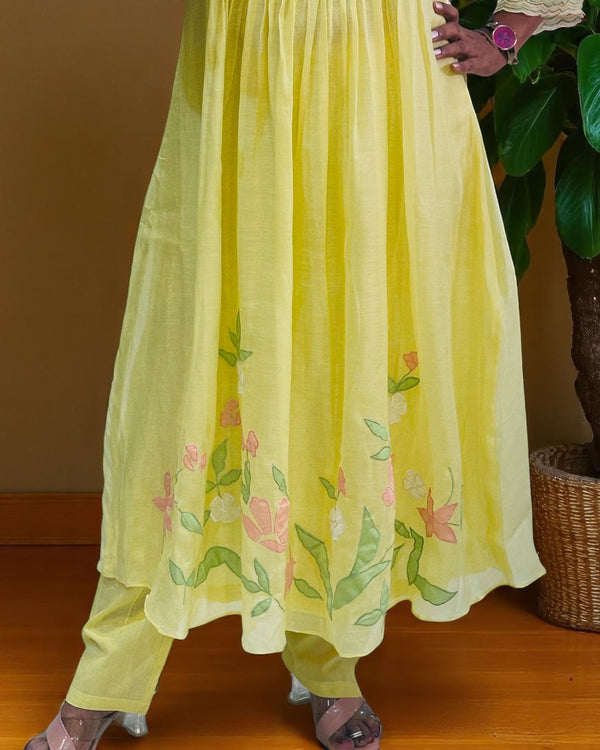 Yellow Lavisha Mul Chanderi A line Kurta set