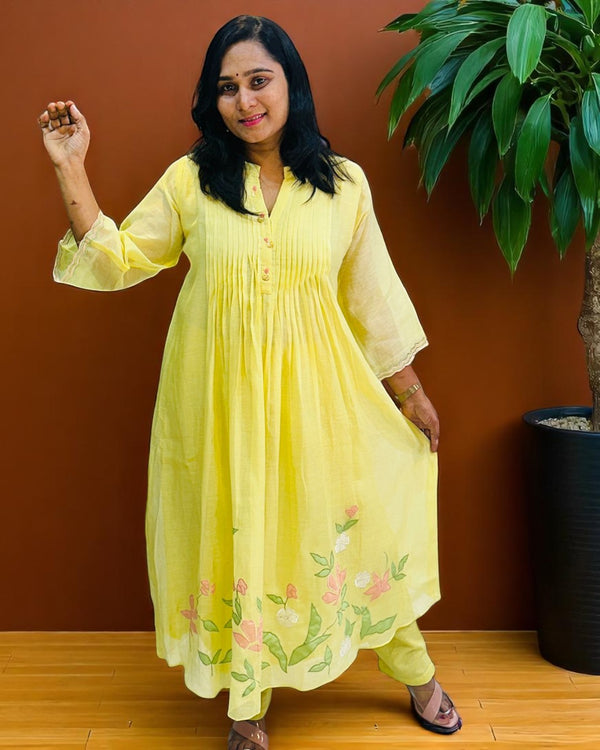 Yellow Lavisha Mul Chanderi A line Kurta set