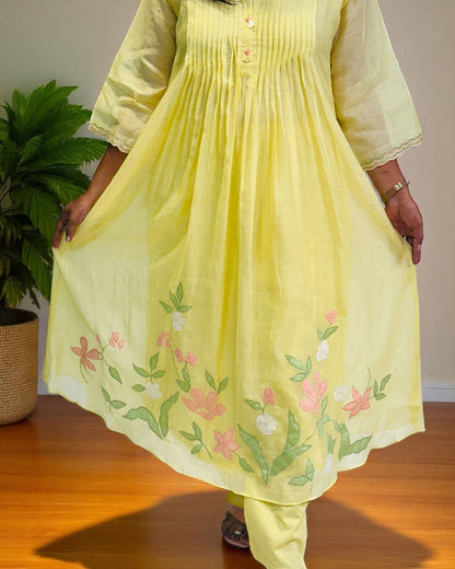 Yellow Lavisha Mul Chanderi A line Kurta set