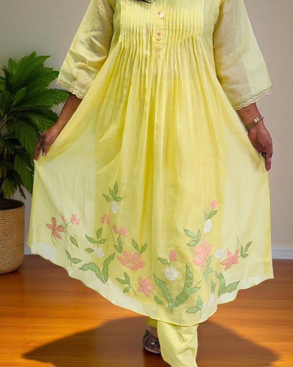 Yellow Lavisha Mul Chanderi A line Kurta set