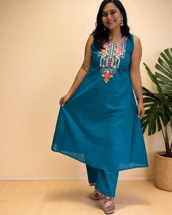 Teal Blue Rhea Boho Cotton Kurta set
