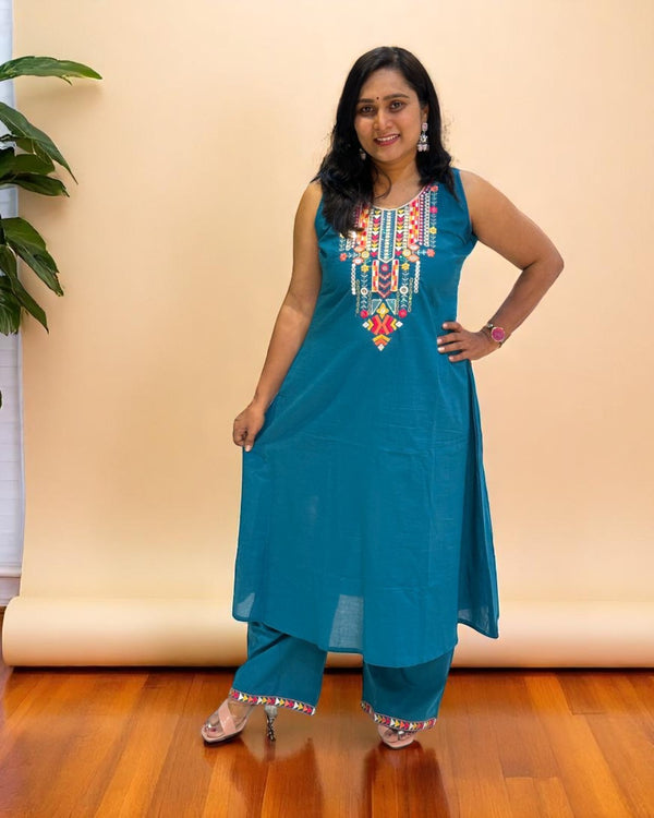 Teal Blue Rhea Boho Cotton Kurta set