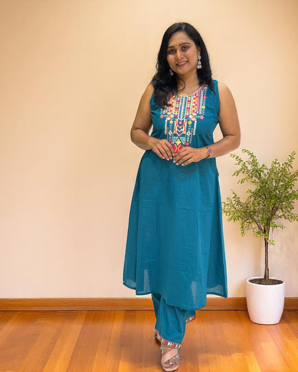 Teal Blue Rhea Boho Cotton Kurta set