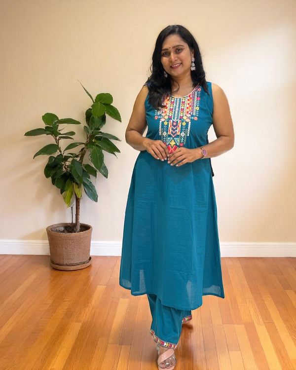 Teal Blue Rhea Boho Cotton Kurta set