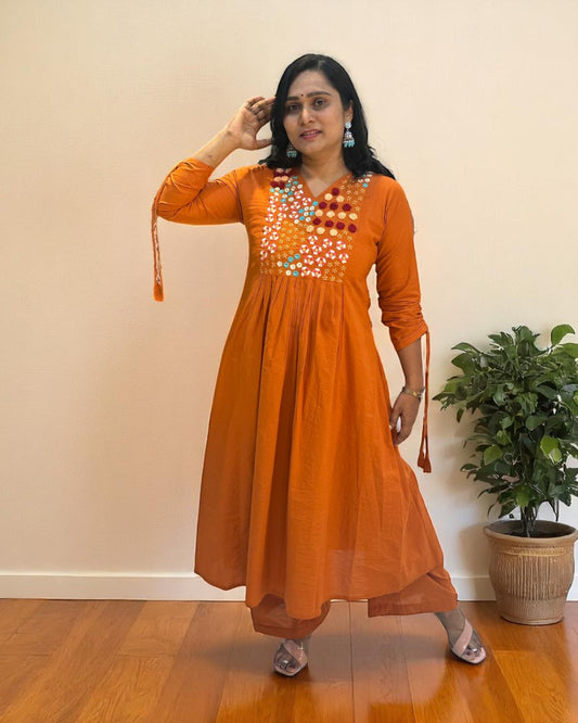 Rust Orange Aarna Embroidered Cotton Kurta set