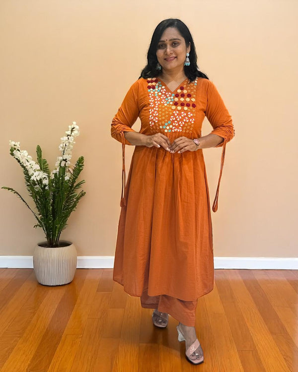 Rust Orange Aarna Embroidered Cotton Kurta set