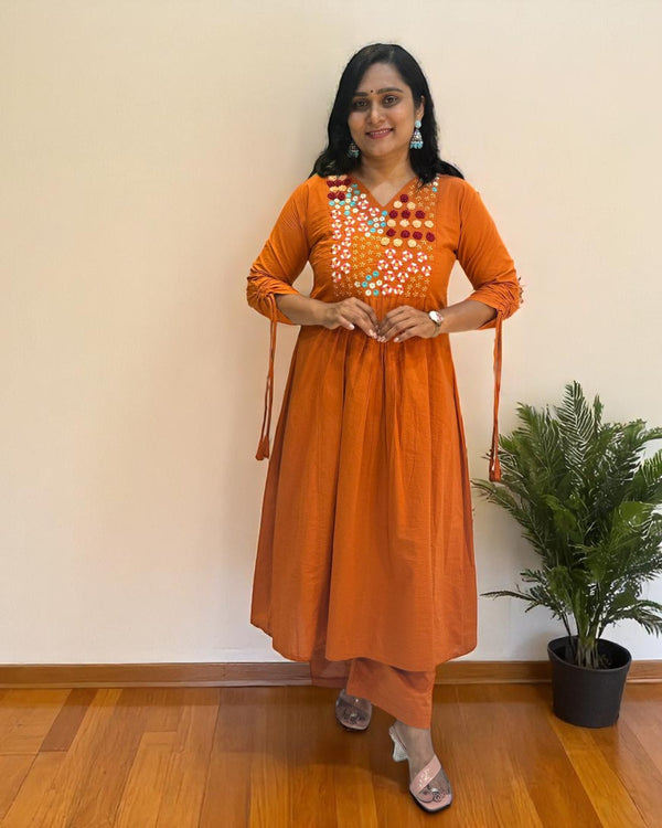 Rust Orange Aarna Embroidered Cotton Kurta set