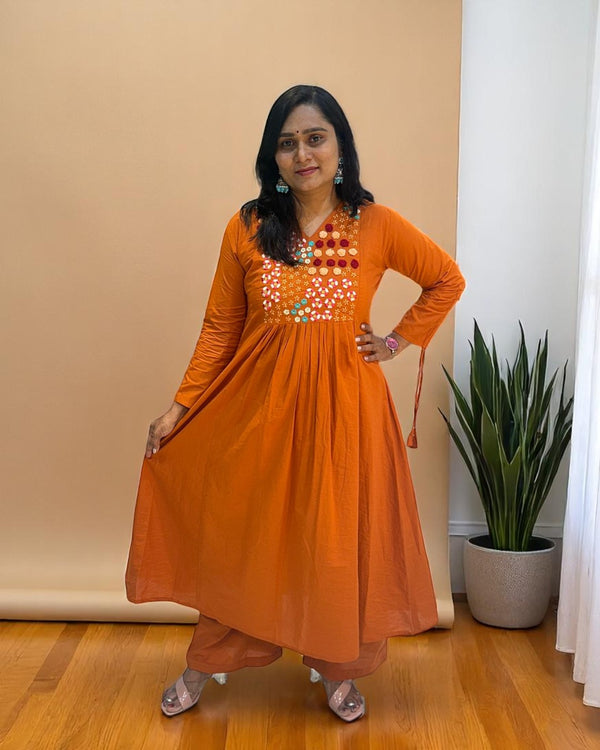 Rust Orange Aarna Embroidered Cotton Kurta set