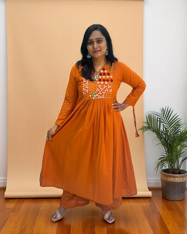 Rust Orange Aarna Embroidered Cotton Kurta set