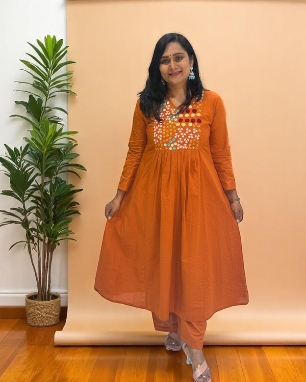 Rust Orange Aarna Embroidered Cotton Kurta set
