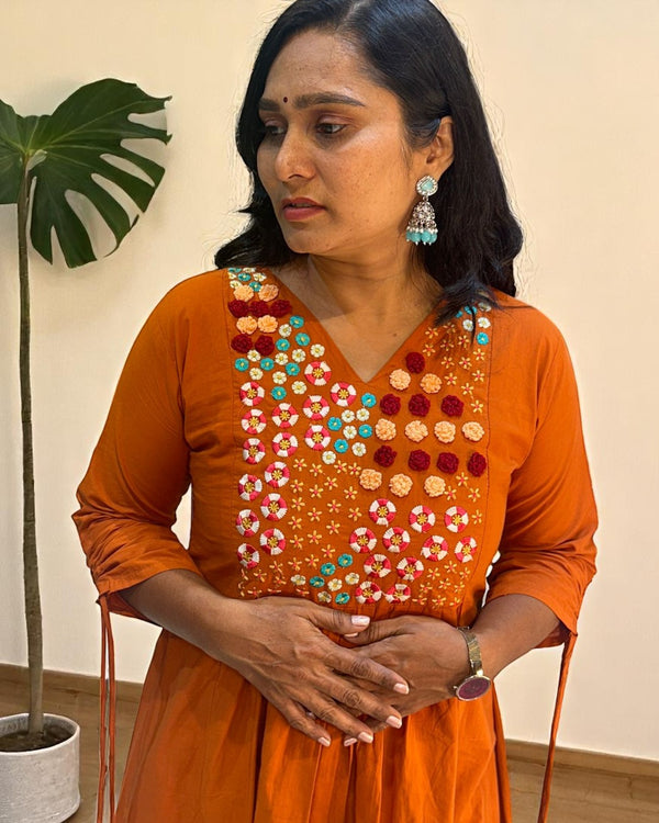 Rust Orange Aarna Embroidered Cotton Kurta set