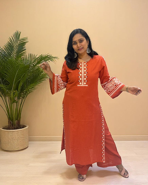 Rust orange Elina Flex cotton Kurta Set