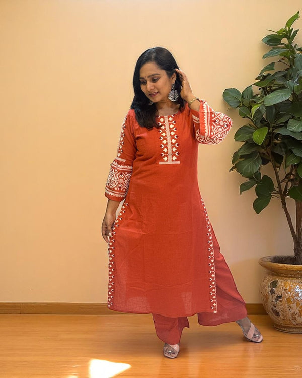 Rust orange Elina Flex cotton Kurta Set